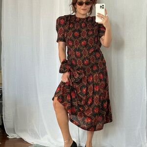 🖤 Vintage 80s Floral Tie-Waist Midi Dress 🖤